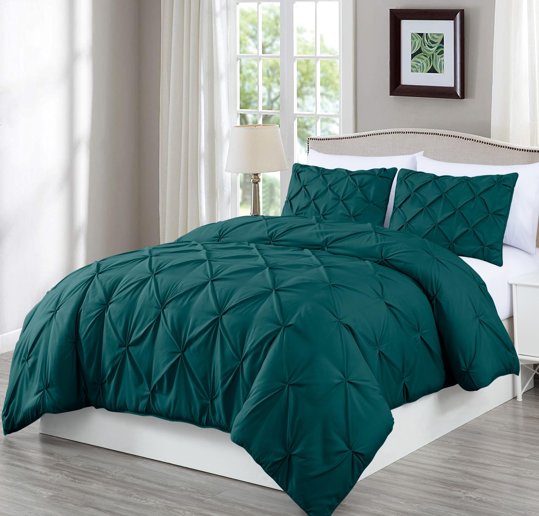 Chezmoi Collection Berlin 3-Piece Pintuck Pinch Pleat Bedding Comforter Set (King, Teal)